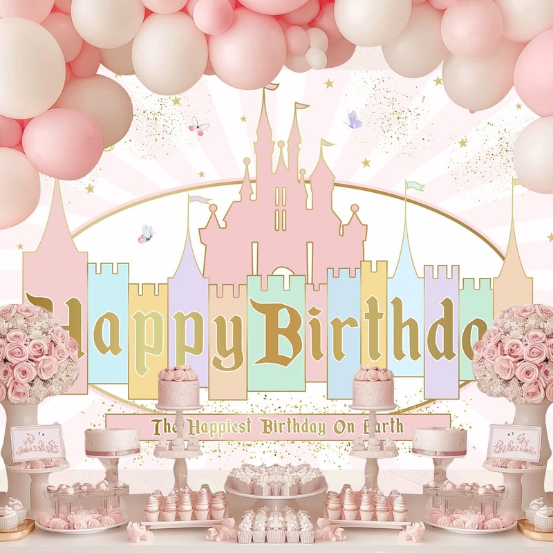 InMemory Princess Castle Birthday Backdrop Girls Pink Pastel Banner