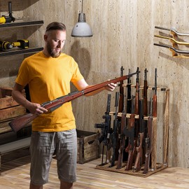 amoard Indoor Gun Racks, Wooden Free Standing Heavy Duty Shotgun Display Rack, Rifle Stand Organizer, 12 Rifles Storage Holder Wood Gun Rack (Carbonized Black) (Carbonized Black, 1 Pack)