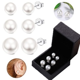 925 Sterling Silver Pearl Earrings, 3 Pairs of Freshwater Pearl Stud Earrings, Freshwater Pearl Earrings for Women, White Pearl Crystals Stud Earrings, Pearl Earrings, Silver, Abalone