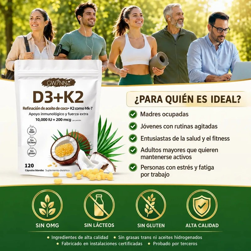 Gwynne Vitamina D3 10.000ui K2 Mk-7 200mcg,120 cápsulas,2 En 1
