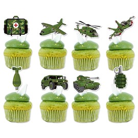24Pcs Military Cupcake Topper Army Party Decorations Camo Cupcake Toppers for Army Soldier Birthday Military Baby Shower Supplies（Fully Assembled）