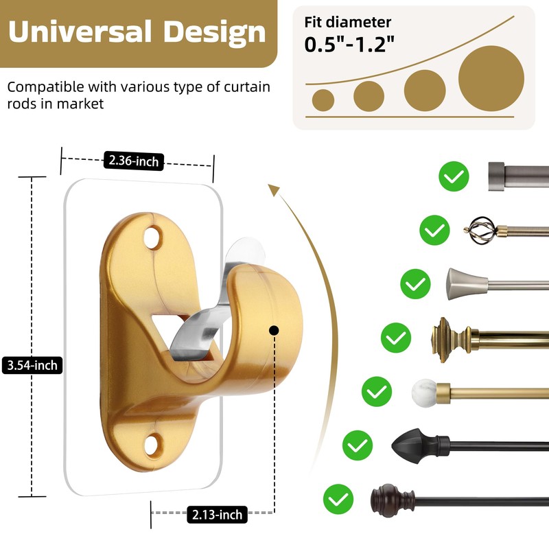 ANDGOO 6 Pack Curtain Rod Brackets No Drilling, Gold Curtain