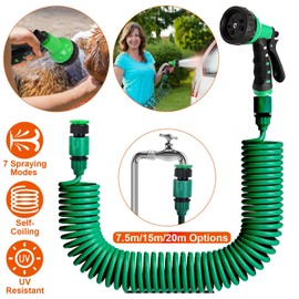 Garden Hose 65.6ft, Flexible Water Hose Coiled Water with 3/4” and 1/2” Adapter, 7 Spraying Modes, Self-coiling Water Hose for Garden, Yard, Lawn