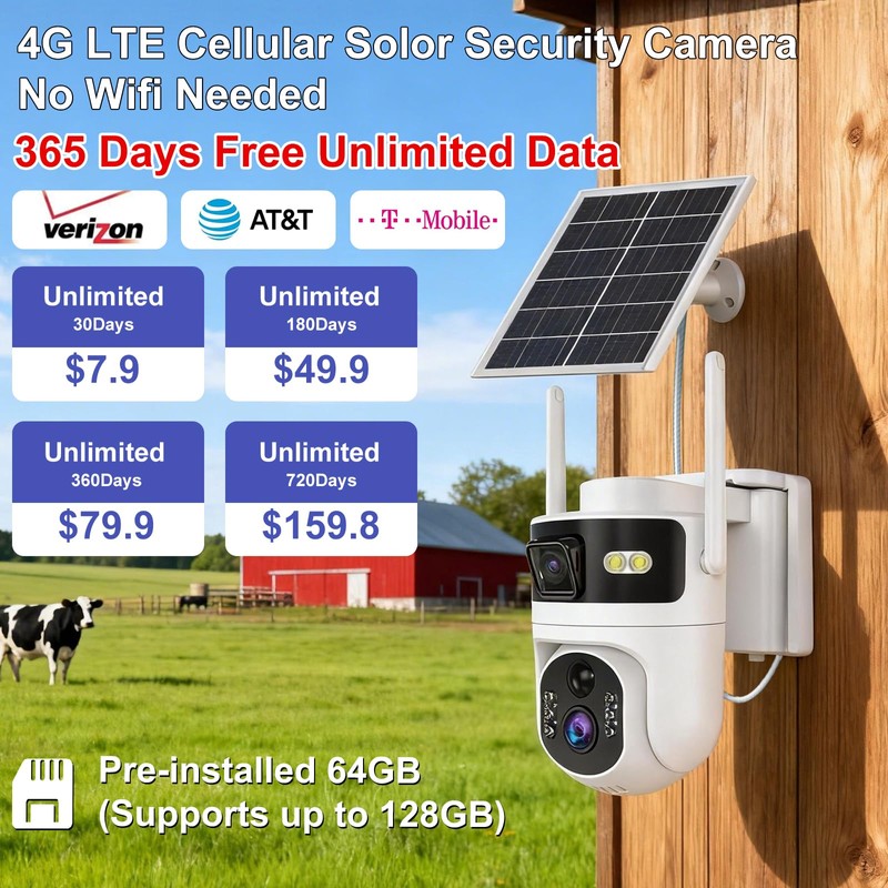 SLAKOZYT 4G LTE Cellular Security Camera Dual Lens Outdoor,No WiFi
