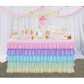 GewoneLife Rainbow Tulle Table Skirt 6FT Tutu Table Clothing for Baby Shower Birthday Party Decoration,Unicorn Table Skirt for Rectangle and Round Tables(L72in,H30in)