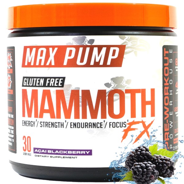 Mammoth Labs Pump Pre Workout- 30 Servings | Explosive Energy & Focus with Nitric Oxide Boosters- Build Muscle & Increase Endurance| Sugar Free, Natural Gluten Free Energy for Men & Women