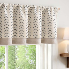 jinchan Linen Boho Double Layer Valance 18 Inch Length Herringbone Printed Small Window Curtain for Café Bathroom Laundry Room Darkening 1 Panel Rod Pocket Black on Beige