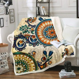 Loussiesd Hippie Mandala Fleece Throw Blanket for Sofa Bed Boho Mandala Plush Blanket Colorfulative Ethnic Floral Sherpa Blanket Peacock Feathers Chic Flowers Fuzzy Blanket Baby 30x40 Inch