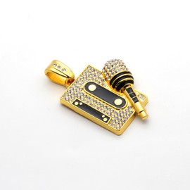 Pitmmord Hip Hop Rapper Music Necklace Alloy Microphone Pendant Necklace Rhinestones Tape Necklace(Gold)