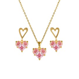 Emibele Pink Heart Jewelry Set, Twinkling Cubic Zirconia Heart Earrings Necklace Set, Girly Love Dangling Dangle Drop Earrings Pendant Necklace for Women Girls Teen, Gold & Pink