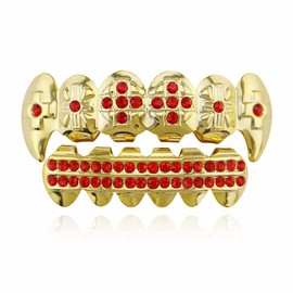 18K Gold Plated Hip Hop Grillz CZ Top and Bottom Grills for Your Teeth with Red Diamond