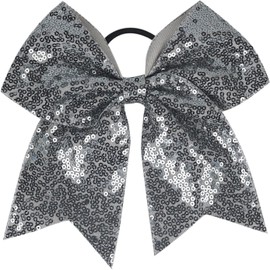 Large Sequin Cheer Hair Bow, Elastic Hair Tie with Ribbon, Ponytail Holder, Grey