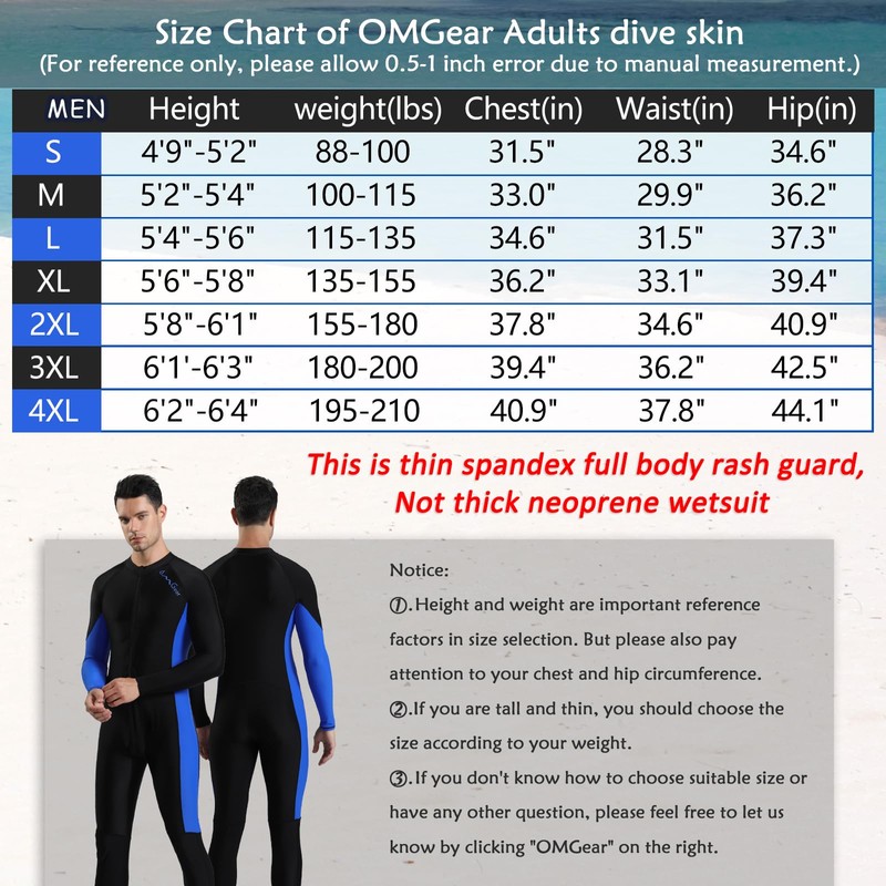OMGear Thin Wetsuits for Men Dive Skins Full Swimwear Spandex