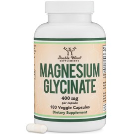 Glicinato de magnesio 400 mg  180 cpsulas  Soporte para dormir, msculos y corazn  Vegano, probado por terceros, sin gluten, sin OMG, por Double Wood  