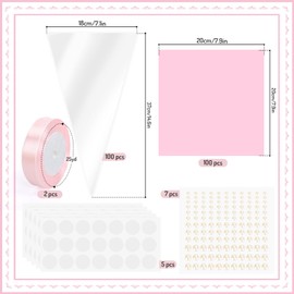 JarThenaAMCS 100Pcs Pink Bow Cone Cellophane Bag Set Clear Triangle Cello Treat Bags Pink Card Paper with Ribbon and Stickers for Party Sweet Snack Popcorn Packing