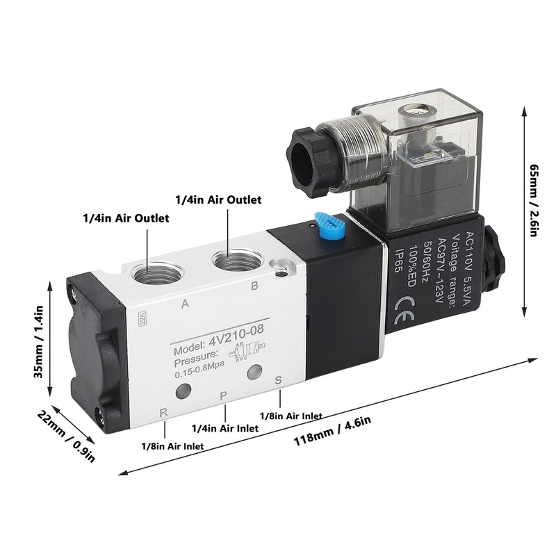 4V210‑08 Electric Solenoid Valve 2 Position 5 Way Cylinder Control