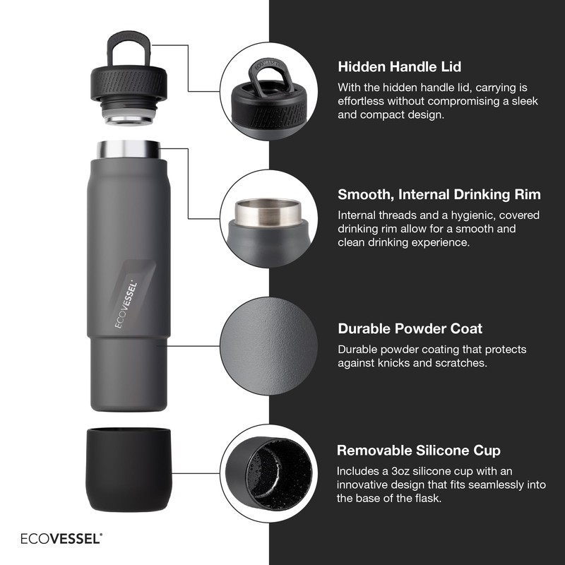EcoVessel Stainless Steel Flask with Removable Shot Cup, Vacuum Insulated