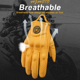 mjmoto Classic Leather Motorcycle Gloves Perforated Men Yellow Road Road Bike Gloves (Yellow, L)