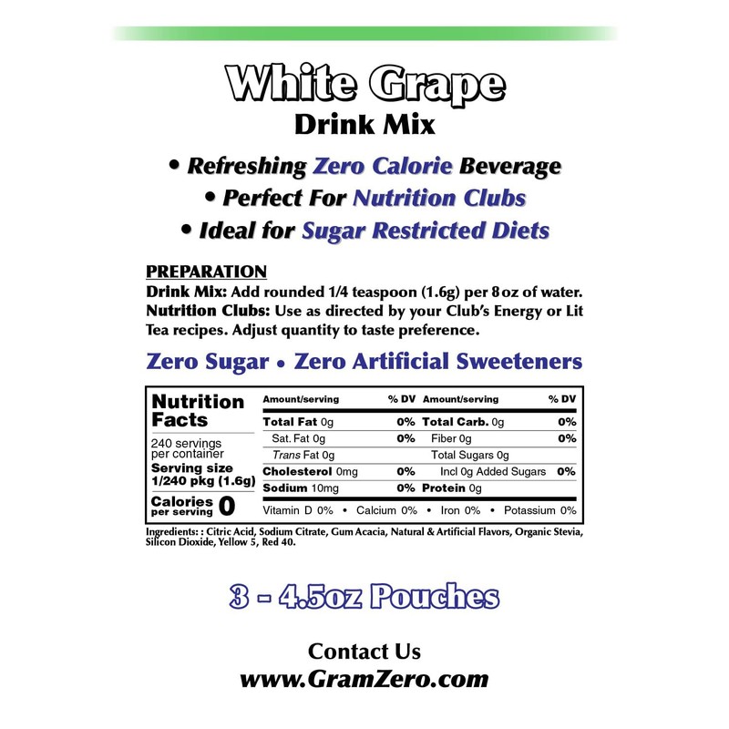 GramZero White Grape Zero Calorie Sugar Free Drink Mix, Great