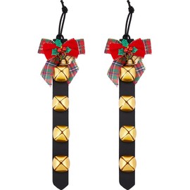GORGECRAFT 2Pcs Christmas Door Knob Hanging Bells 12" Black PU Leather Strap Belt 4 Gold Sleigh Jingle Bell Welcome Door Hanger Shopkeepers Security Dog Training Bells for Holiday Home Decor