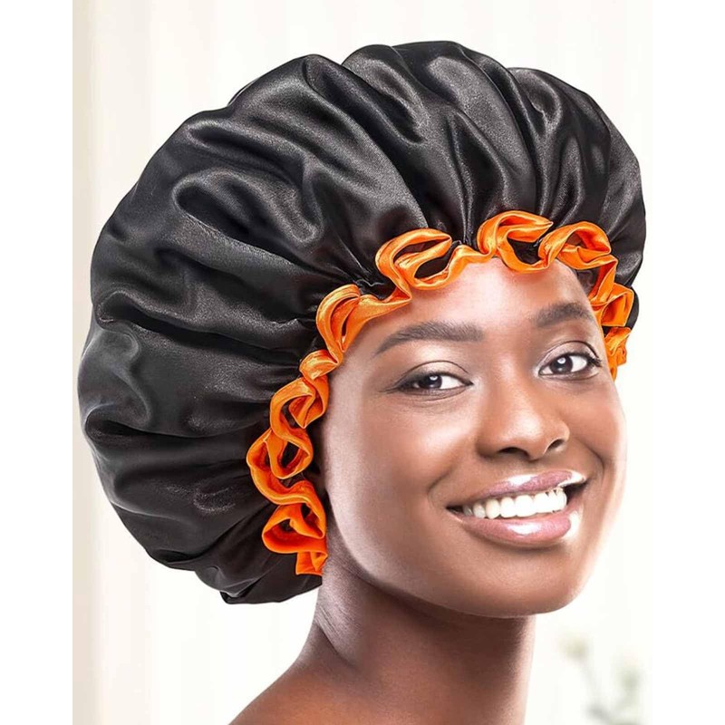 Black Large Shower Cap for Women Long Hair, Reusable Waterproof