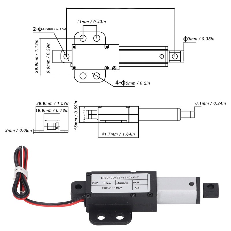 Luocute Mini Linear Actuator, 24V 20mm Stroke 50N Speed 15mm