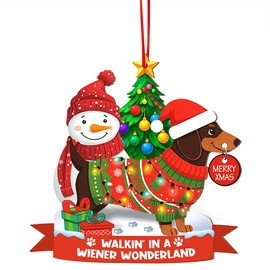 PERSONAL84 Dachshund Christmas Ornament, Walkin’ in a Wiener Wonderland, Custom Sausage Dog Xmas Tree Decoration, Festive Dachshund Wearing Sweater with Snowman, Gift for Pet Moms & Dog Lovers