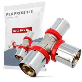 T-Piece PEX Press Fitting 20 x 20 x 16 mm with Sealing Rings Oring for Aluminium Composite Pipe, Multilayer Composite Pipe, Heating Sanitary Systems, Drinking Water Installation, Tightness 10 Bar