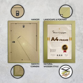 Alison Kingsgate A4 Gold Frame in Size 29.7 x 21cm Use for Gold Picture Frames A4 Certificate Frames - Gold A4 Frame with Clear Perspex Sheet & Wall Mounted Hook (Gold)