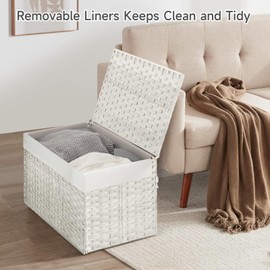 180L Wicker Storage Basket with Lid, Handwoven Rattan Large Shelf Basket with Removable Liner, 47.6 Gallon Wicker Basket for Blanket, Storage Trunk with Handle for Closet, Bedroom, Livingroom, White