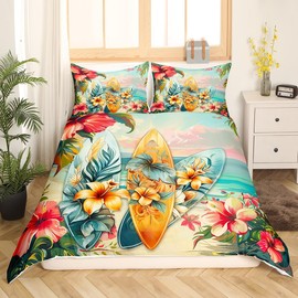 Manfei Surfing Kids Duvet Cover Set King Size,Tropical Palm Trees Leaves Flowers Bedding Set,Boys Girls Room Decor,Surfboards Summer Beach Comforter Cover,Blue Red Colorful Quilt Cover,2 Pillowcases