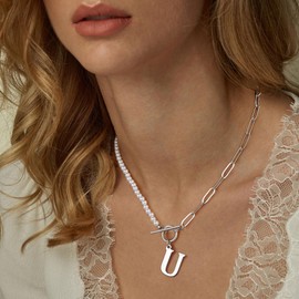 Yoosteel Pearl Initial Necklace for Women, Dainty Pearl Chain Choker Initial Necklaces for Women Toggle Clasp Paperclip Link Chain Necklace Jewelry Gifts, Brass, No Gemstone