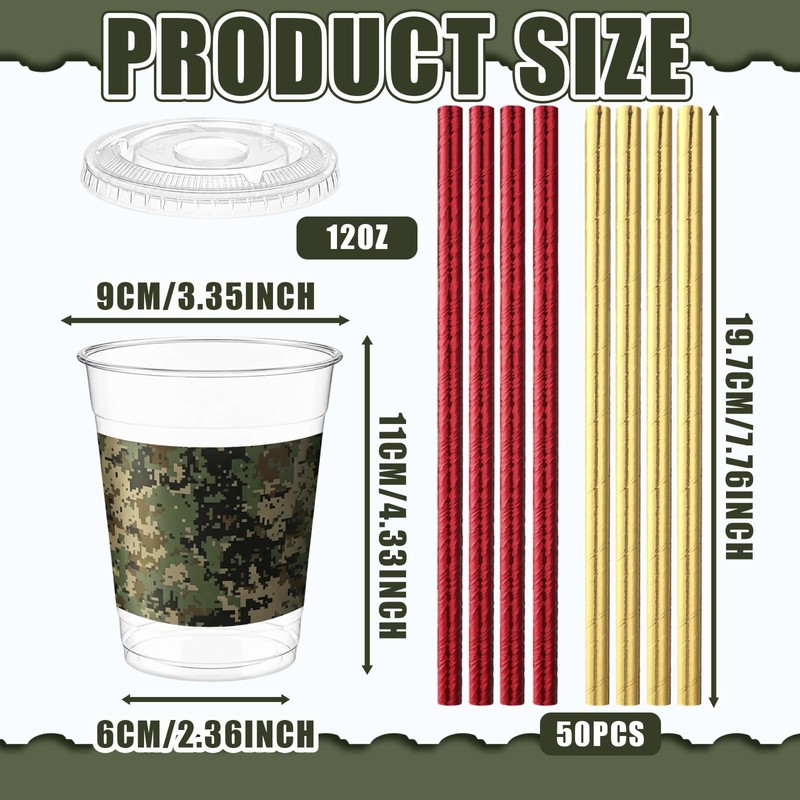 50 Pcs Party Plastic Cups with Lids and Straws, Camouflage