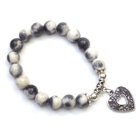 Jade pearl bracelet for women in black, white and grey tinted with filigree pendant in the shape of a heart