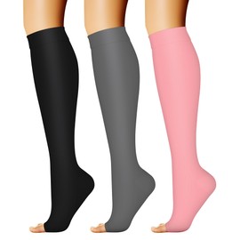 CHARMKING 3 Pairs Open Toe Compression Socks for Women & Men Circulation 15-20 mmHg is Best for All Day Wear Running Nurse (07 Black/Grey/Pink, L/XL)