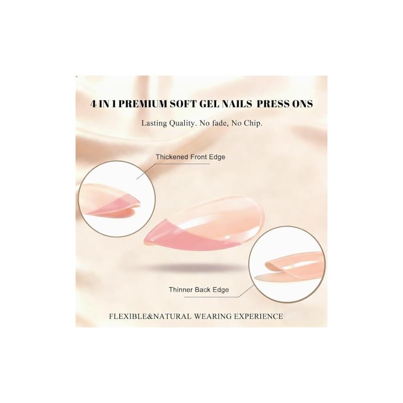 Uñas francesas cortas almendradas, rosa claro con base nude natural,