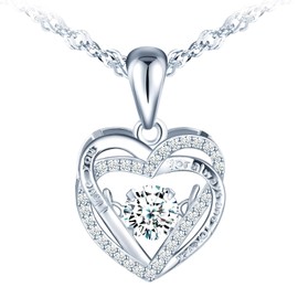 MICMIF Women's Heart Necklace Made of 925 Silver with Zirconia Heart Pendant 'I Love You for Always and Forever' Love Necklace for Wife Women Girlfriend Mum Women's Jewellery Silver Chain 45 cm, Cubic