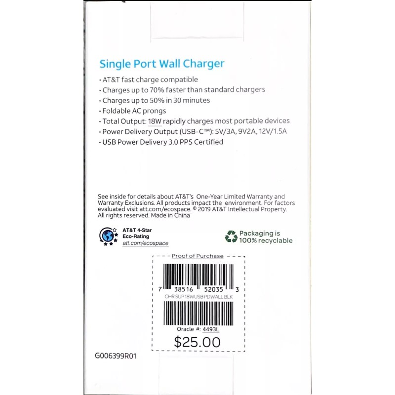 AT&T 18W Power Delivery Wall Charger-Black