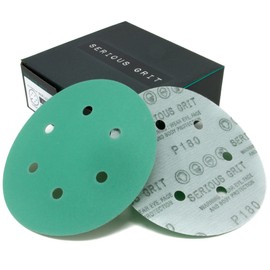 Serious Grit - 6-Inch 6-Hole 180 Grit Sanding Discs - Heavy-Duty Hook & Loop Film Discs - Sandpaper for Random Orbital Sanders - 50 Pack Box
