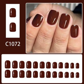 Short Square Press on Nails Dark Brown Fake Nails with Designs Solid Color Stick on Nails Glossy Thanksgiving Day Glue on Nail Full Cover Autumn Fall False Nail for Women Girls Manicure 24Pcs