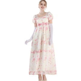 CR ROLECOS Victorian Dress Women's Regency Dress for Women Bridgerton Puffy Ball Gown with Gloves, Pink-1104c