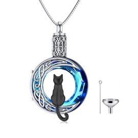 TOUPOP Cat Cremation Jewelry for Ashes Sterling Silver Cat Moon Urn Necklace that Hold Human Pet Ashes Memorial Keepsake Jewelry Gifts for Women Girls, Sterling Silver, Crystal