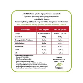 Evitashop Natural Products - Spirulina Platensis in Vega Capsules - No Additives, 60 Capsules - Net 24 g, Made in Germany.