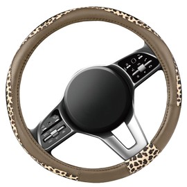 Road Comforts Steering Wheel Cover - Made with PVC Leather and Leopard Fabric - Universal 14 1/2 inches to 15 inches for Most Automotive Steering Wheel - Cheetah Print -Beige