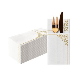 Paw Airlaid Napkins - Fabric-Like (1/8 Pocket) I Pack of 25 I Ideal for Weddings, Christenings, Communion, Birthdays I High-Quality Table Decoration Fabric Napkins - Gold Frame I Elegant Frame Gold