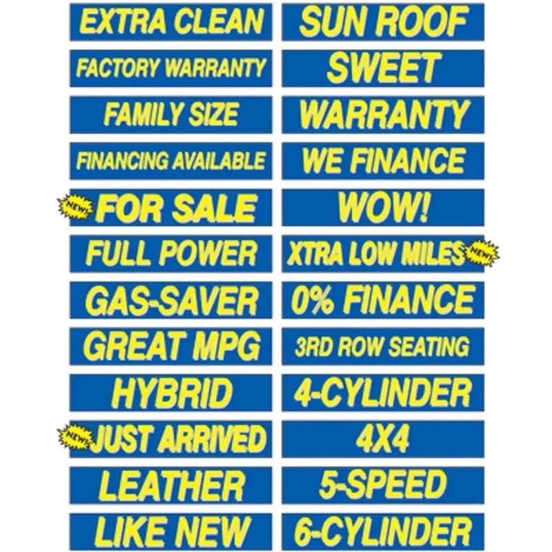 EZ Lettering Yellow and Blue Car Dealer Windshield Stickers Slogans