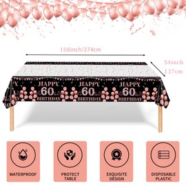 60th Table Cloth,Black Rose Gold Birthday Tablecloth 137*274cm rectangle Disposable Tablecloth Party Table Cloth Large Plastic Table Cover Black Rose and Gold Decors for 60th Birthday Party supplies