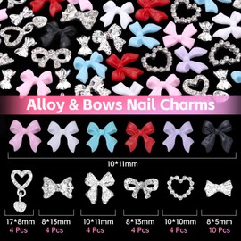 3D Bow Nail Charms, Bows Heart Nail Charms and Gems, Silver Alloy Bow Heart Dangle Nail Gems Charms, 6 Colors Bowknot Acrylic Nail Art Charms, Alloy Nail Art Charms Jewels Design DIY
