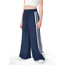 IIMMER Big Girls Side Striped Bowknot Wide Leg Pants Elastic Drawstring Waist Loose Fit Track Pants Navy 11-12Y