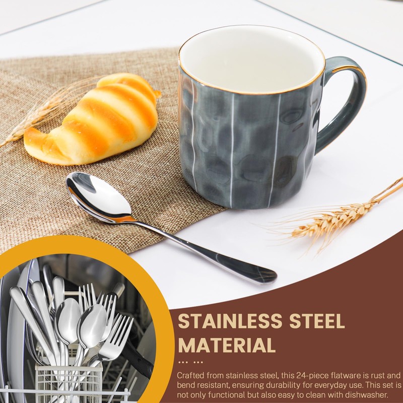 24 Pieces Silverware Set with Hanging Rack Caddy, Stainless Steel
